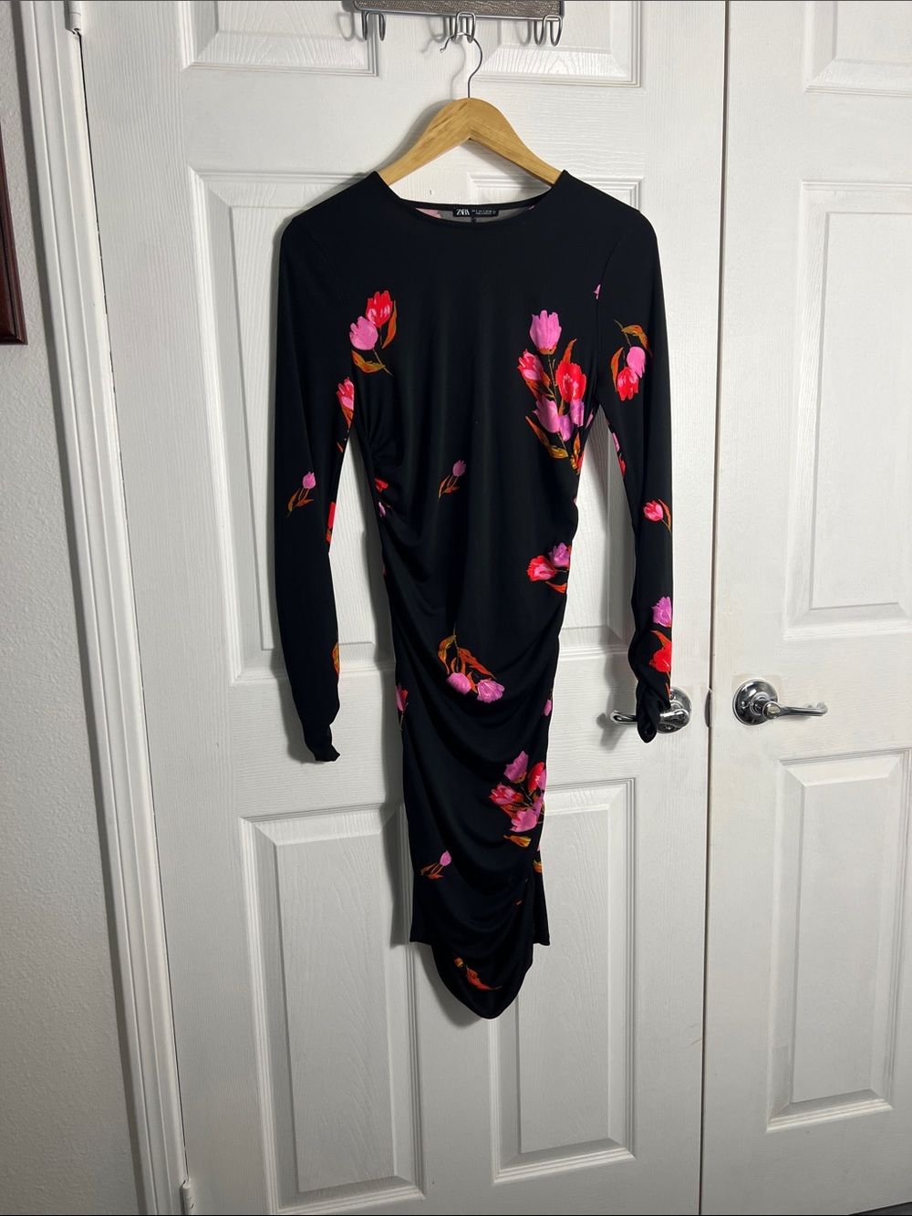 Zara Black Midi Dress with Pink & Red Floral Print